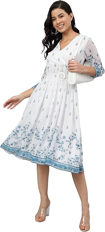 White Georgette Digital Print Flared Western Dress