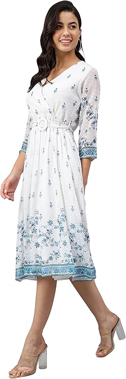 White Georgette Digital Print Flared Western Dress