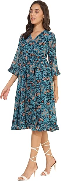 Women's Blue Dobby Georgette Ikkat Printed Flared Dress