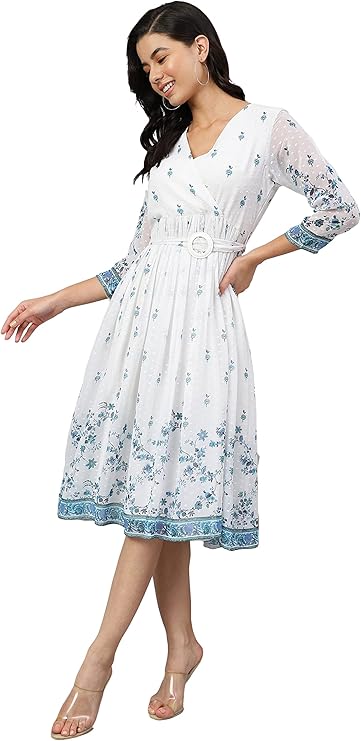 White Georgette Digital Print Flared Western Dress