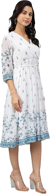 White Georgette Digital Print Flared Western Dress