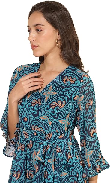 Women's Blue Dobby Georgette Ikkat Printed Flared Dress