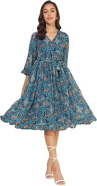 Women's Blue Dobby Georgette Ikkat Printed Flared Dress