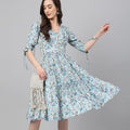 Women's Blue Crepe Digital Printed Flared Western Dress