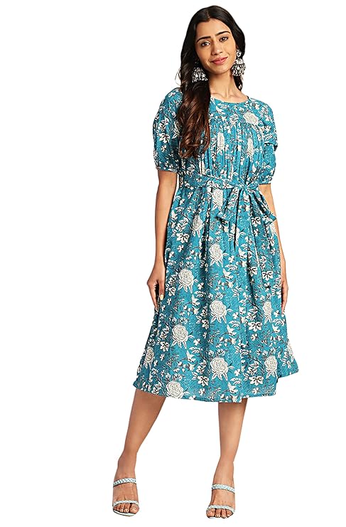 Women's Teal Blue Pure Cotton Floral Printed Dress