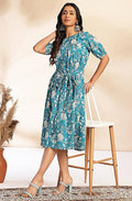 Women's Teal Blue Pure Cotton Floral Printed Dress