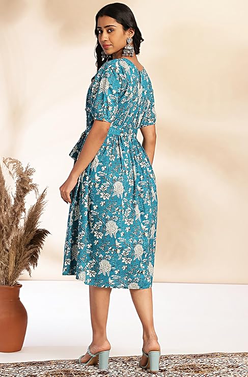Women's Teal Blue Pure Cotton Floral Printed Dress