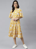 Women's Fit and Flare Midi Cotton Floral Print Dress