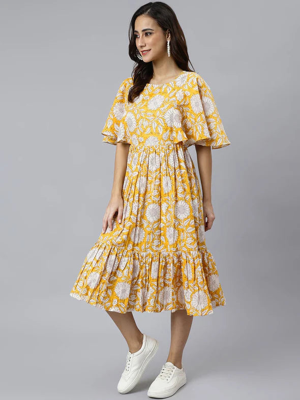 Women's Fit and Flare Midi Cotton Floral Print Dress
