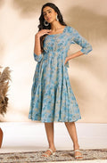 Women's light blue cotton floral fit & flare dress