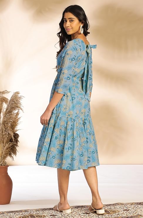 Women's light blue cotton floral fit & flare dress