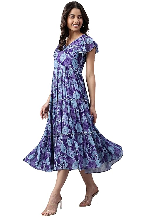 Women's Fit and Flare Midi Georgette Printed Flared Western Dress