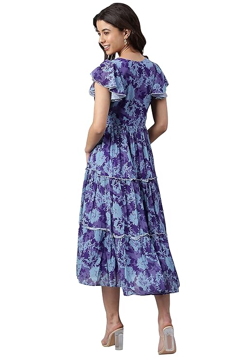 Women's Fit and Flare Midi Georgette Printed Flared Western Dress