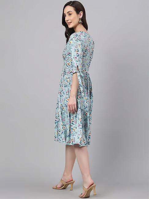 Women's Blue Crepe Digital Printed Flared Western Dress
