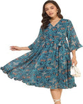Women's Blue Dobby Georgette Ikkat Printed Flared Dress