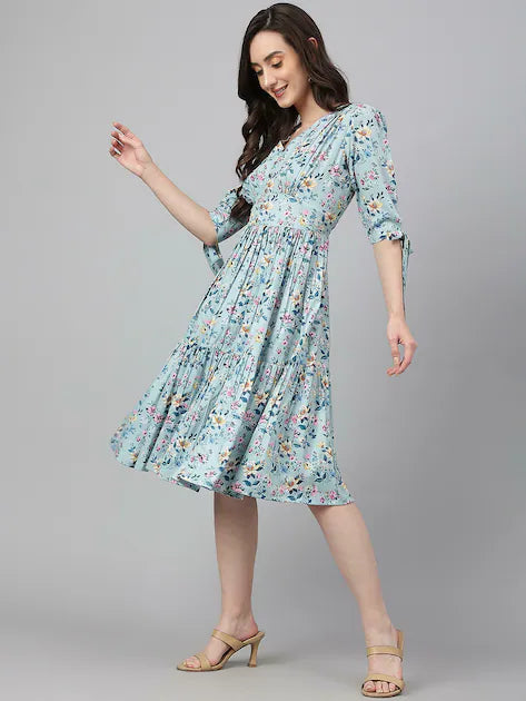 Women's Blue Crepe Digital Printed Flared Western Dress