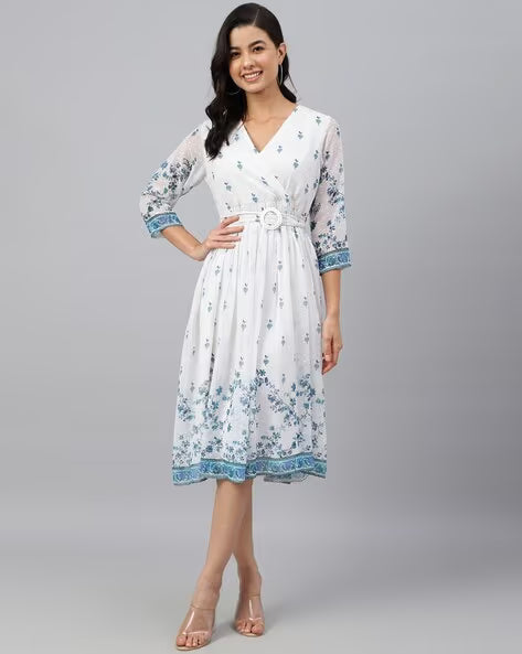 White Georgette Digital Print Flared Western Dress