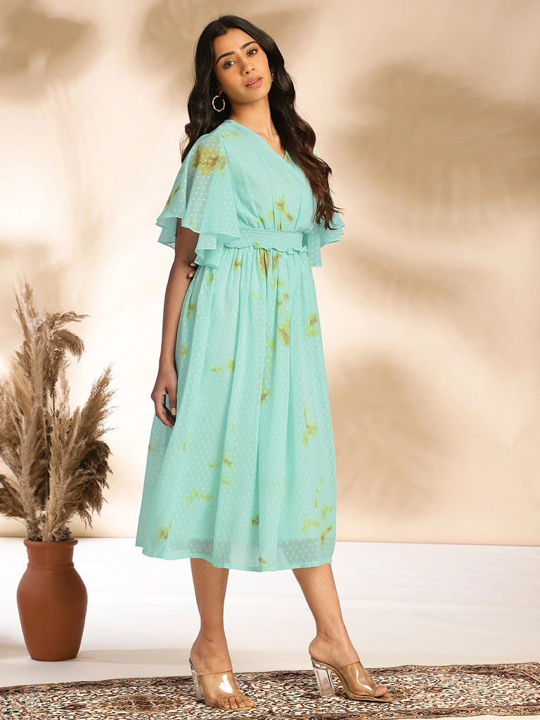 Women's Sea Green Dobby Georgette Tie-Dye Fit & Flare Dress