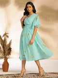 Women's Sea Green Dobby Georgette Tie-Dye Fit & Flare Dress