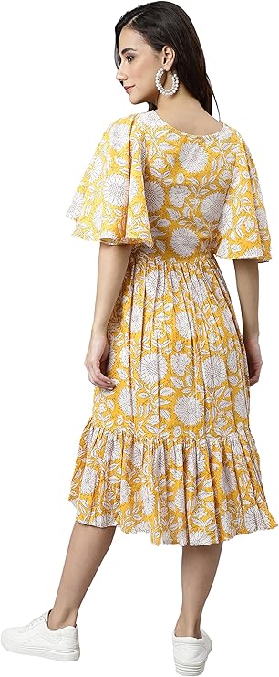 Women's Fit and Flare Midi Cotton Floral Print Dress