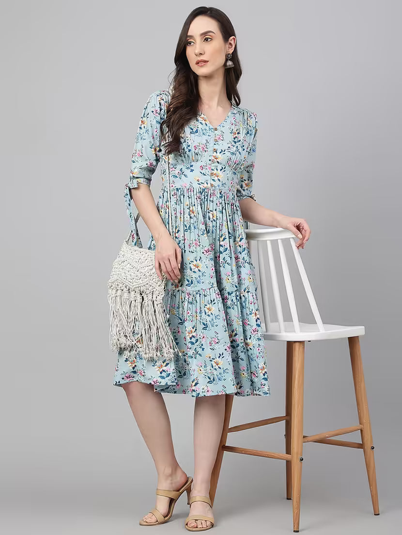 Women's Blue Crepe Digital Printed Flared Western Dress